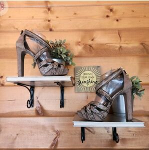 Tory‎ Burch Venice Sandals Platform Heel Leather Suede Gray Ash Coconut Snake 9M